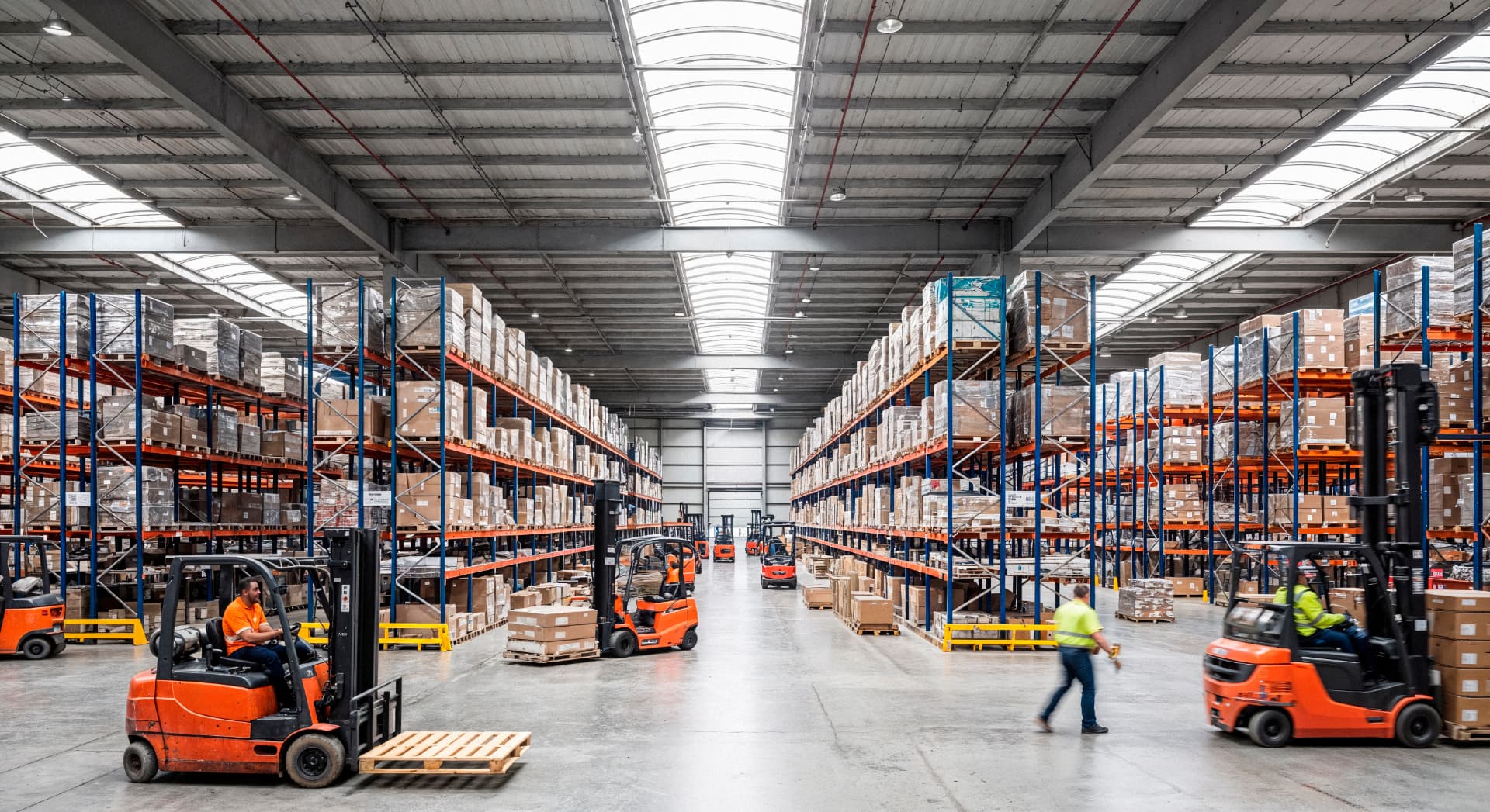 Busy warehouse floor with forklifts, storage racks and workers